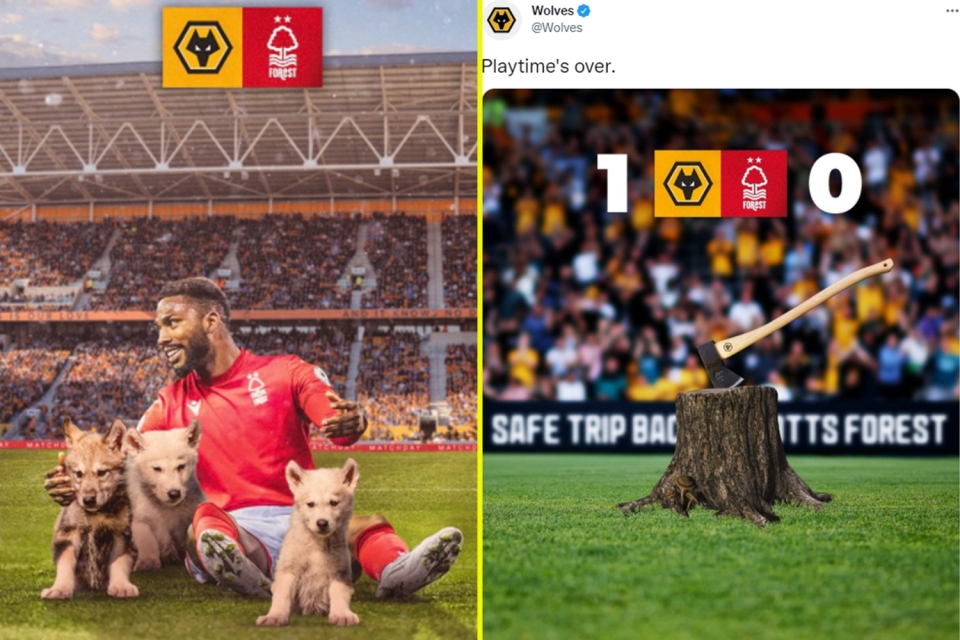 El Tweet de Nottingham Forest (izquierda) fracasó rápidamente y los Wolves se burlaron de sus oponentes después de su victoria con una publicación propia (derecha)