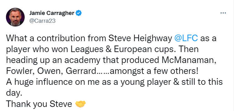 Carragher publicó su tweet después de enterarse del retiro de Heighway